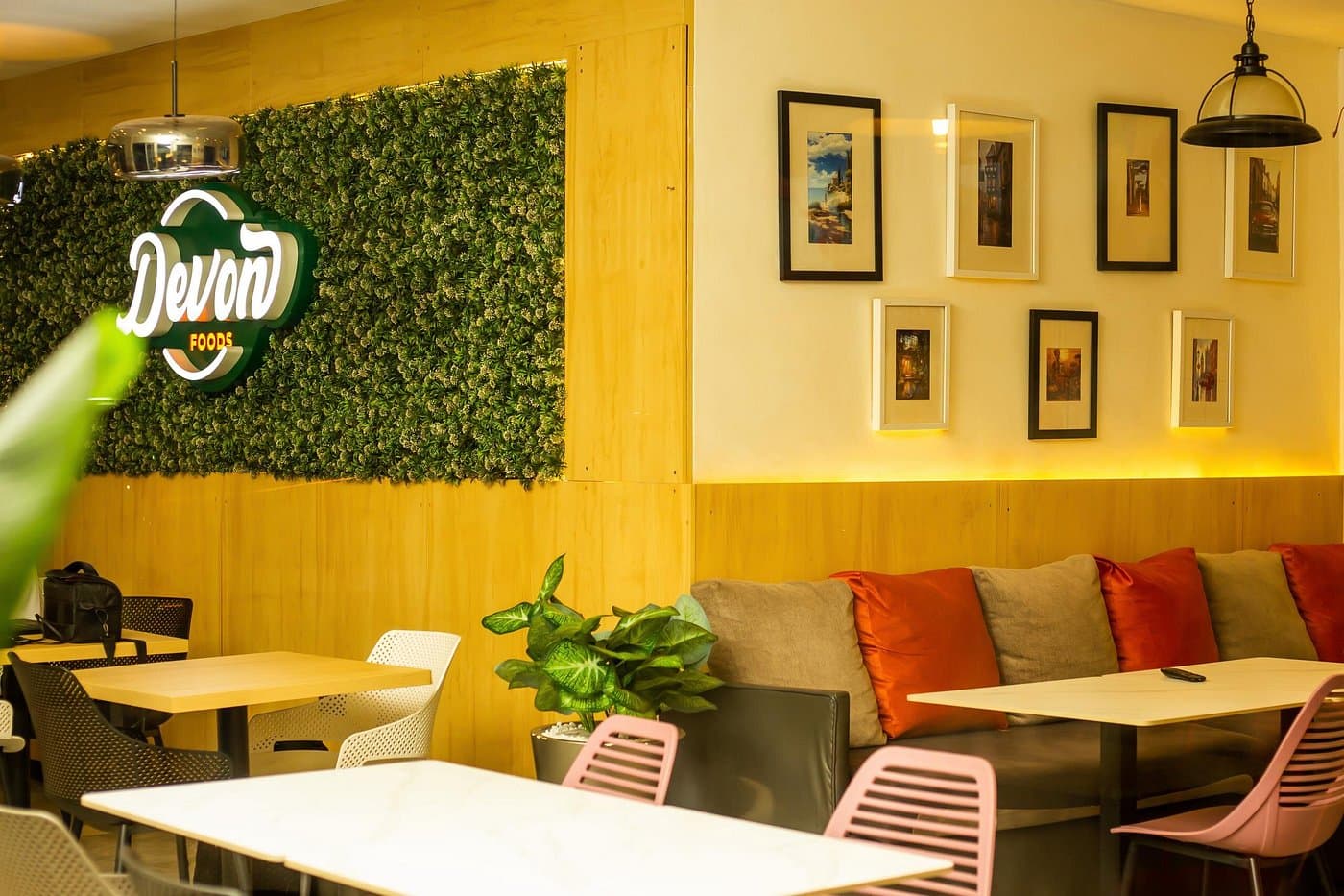 The warm interior of the Devon Foods restaurant