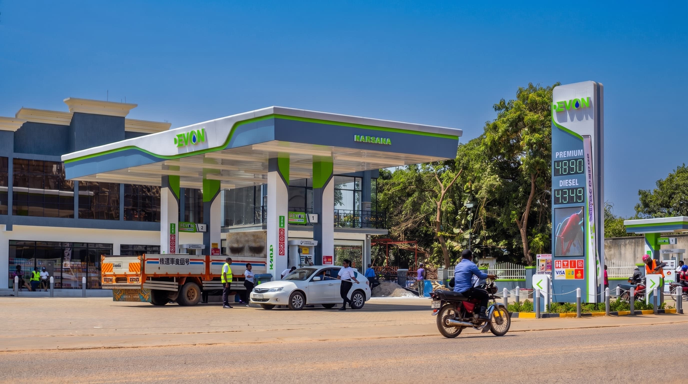A Devon Petroleum service station forecourt in Nansana, Uganda